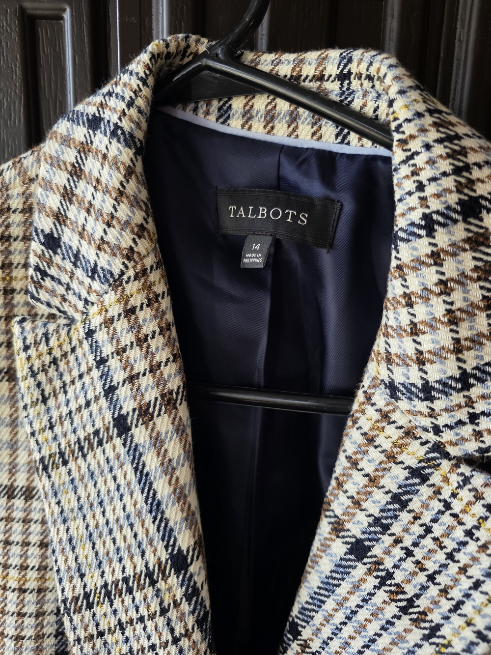 Talbots Plaid Double-Breasted Blazer in Cream, Navy & Brown Size 14 Vintage Y2K - Picture 2 of 9